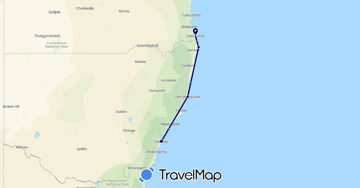 TravelMap itinerary: driving, plane in Australia, France, United Kingdom, Thailand (Asia, Europe, Oceania)